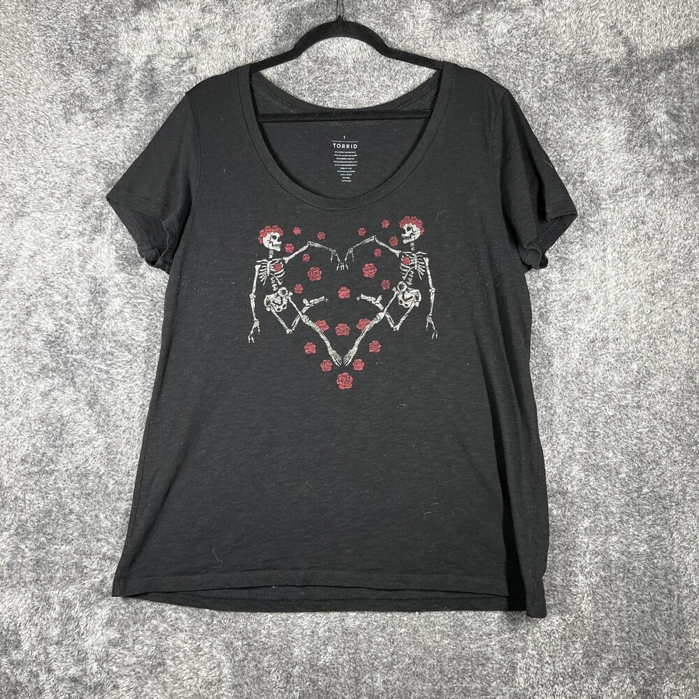 Torrid Shirt Womens 1 Black Scoop Neck Skeleton Roses Graphic Tagless Cotton